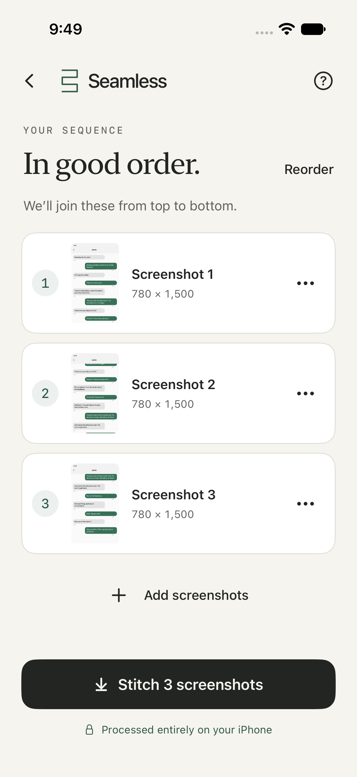 Seamless arranging three fictional conversation screenshots in order